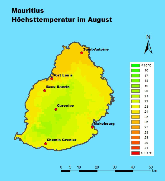Mauritius Höchsttemperatur August
