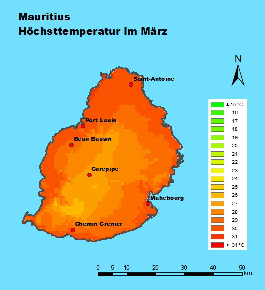 Mauritius Höchsttemperatur März