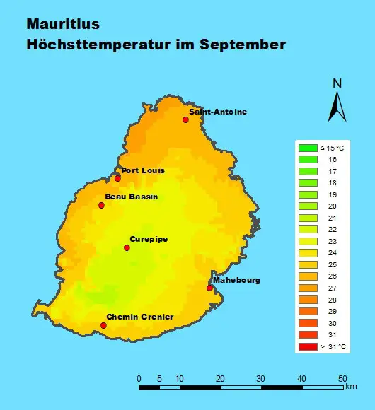 Mauritius Höchsttemperatur September