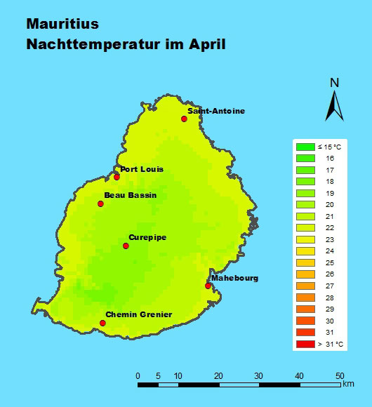 Mauritius Nachttemperatur im April