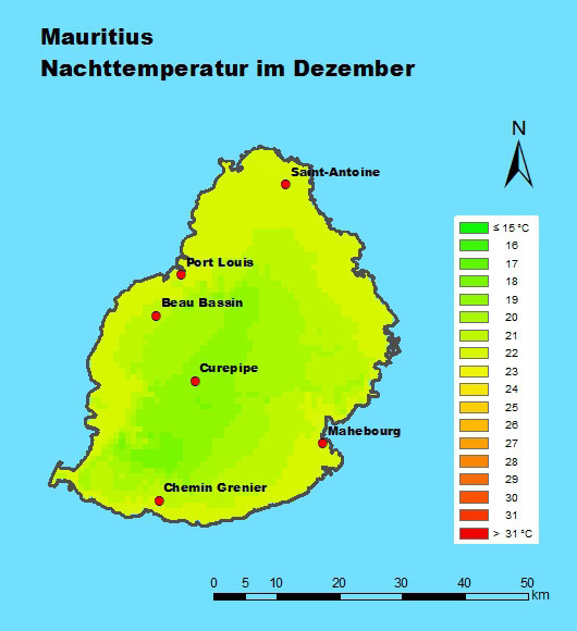 Mauritius Nachttemperatur im Dezember