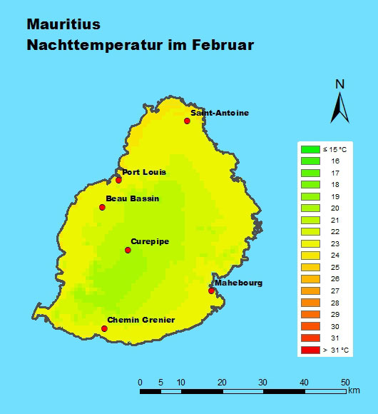 Mauritius Nachttemperatur im Februar
