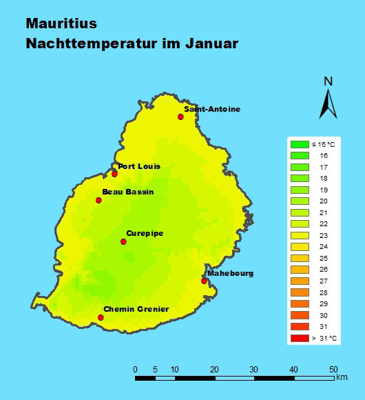 Mauritius Nachttemperatur im Januar