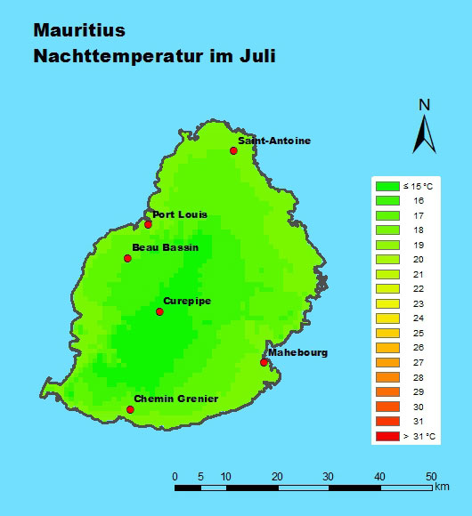 Mauritius Nachttemperatur im Juli