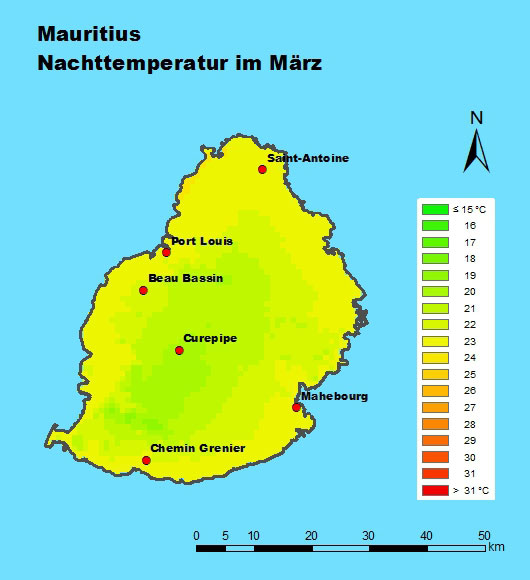Mauritius Nachttemperatur im März