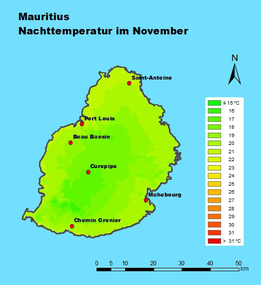 Mauritius Nachttemperatur im November