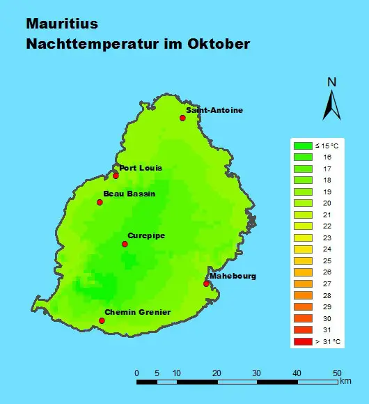 Mauritius Nachttemperatur im Oktober