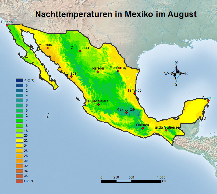 Mexiko Nachttemperatur August