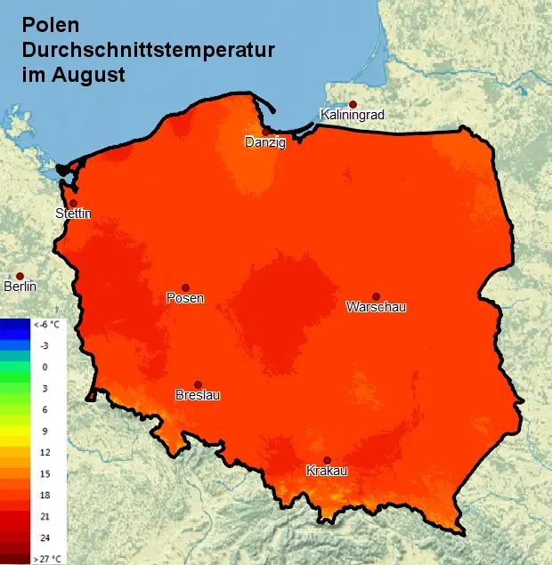 Polen Durchschnittstemperatur August