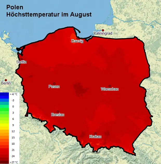 Polen Höchsttstemperatur August