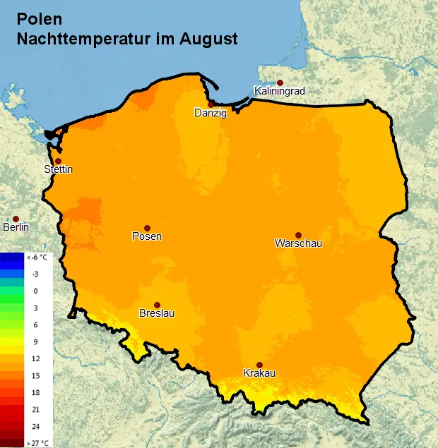 Polen Nachttemperatur August