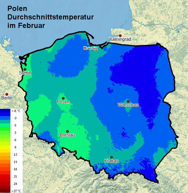 Polen Durchschnittstemperatur im Februar