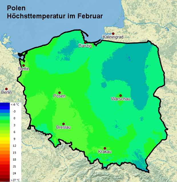Polen Höchsttemperatur im Februar