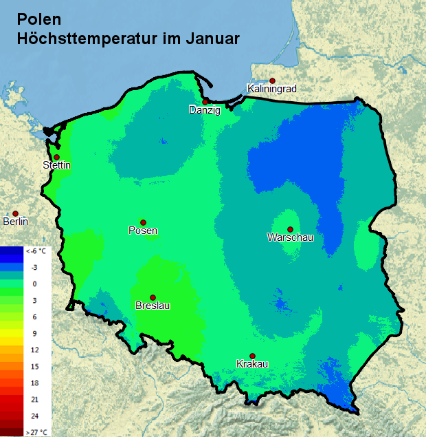 Polen Höchsttstemperatur Januar