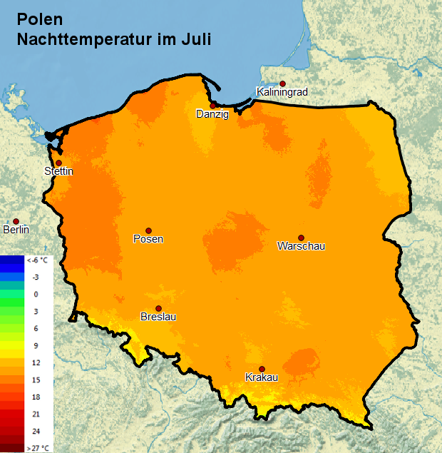 Polen Nachttemperatur Juli
