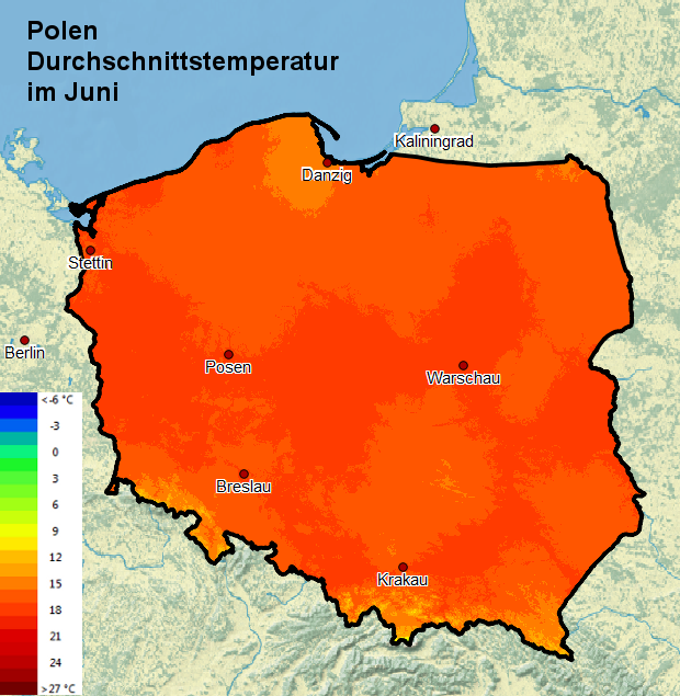 Polen Durchschnittstemperatur im Juni