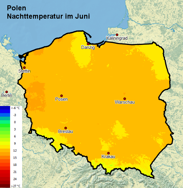 Polen Nachttemperatur im Juni