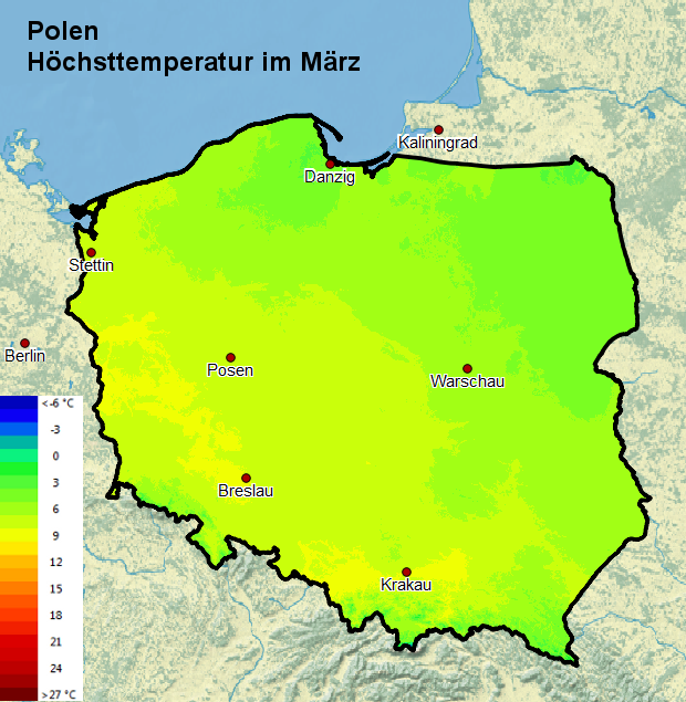 Polen Höchsttemperatur im März