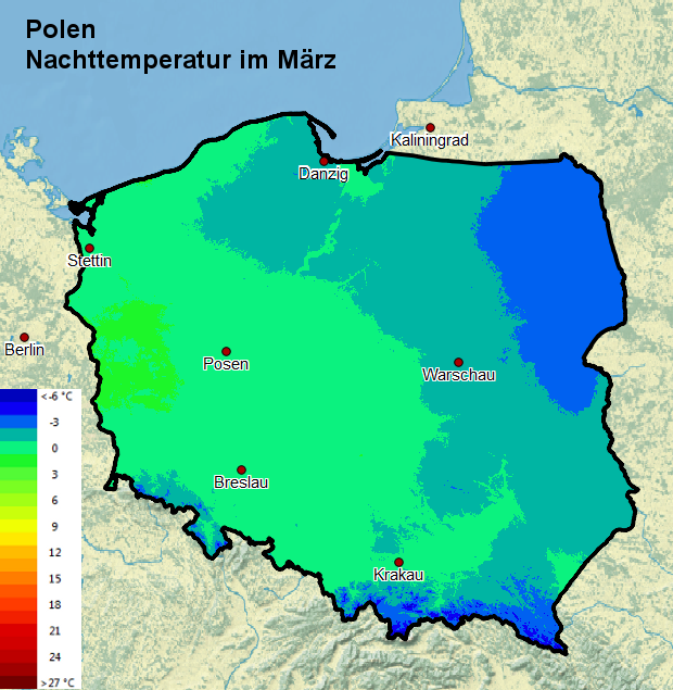 Polen Nachttemperatur im März