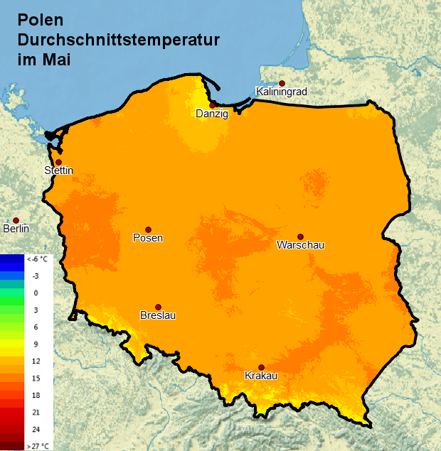 Polen Durchschnittstemperatur im Mai