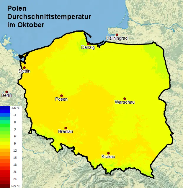 Polen Durchschnittstemperatur Oktober