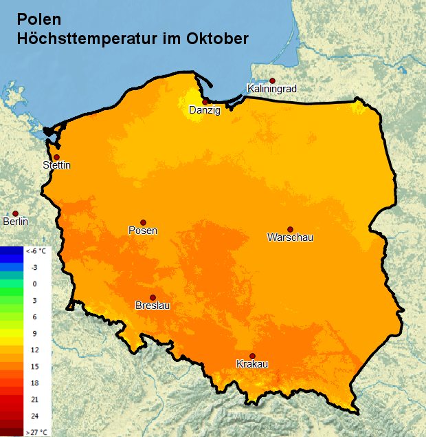 Polen Höchsttstemperatur Oktober