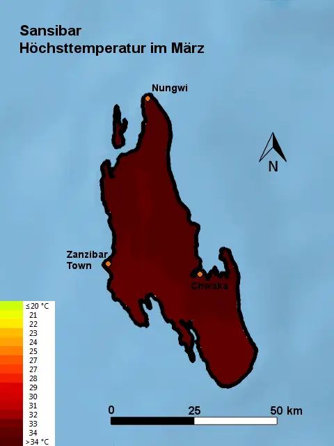 Sansibar Höchsttstemperatur März