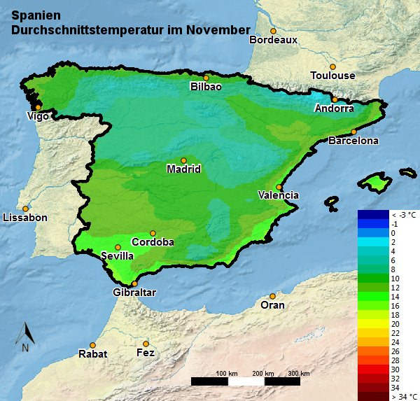 Spanien Durchschnittstemperatur November
