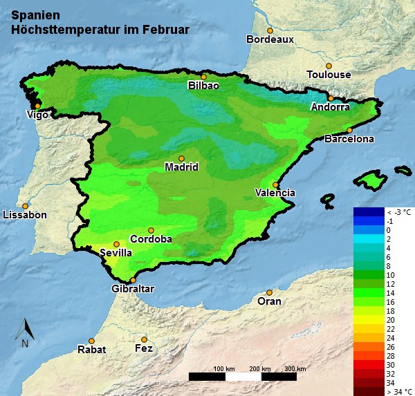 Spanien Höchsttemperatur Februar