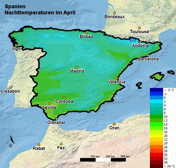Spanien Nachttemperatur April