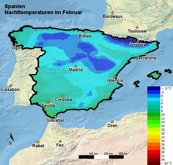 Spanien Nachttemperatur Februar