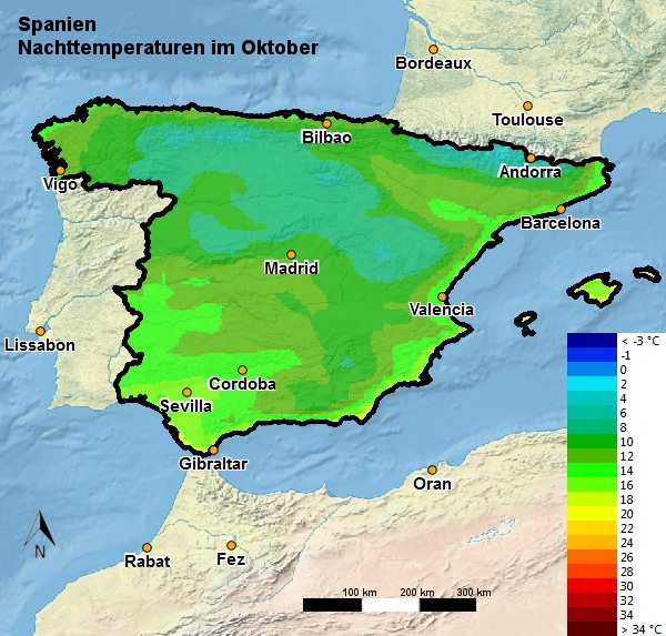 Spanien Nachttemperatur Oktober