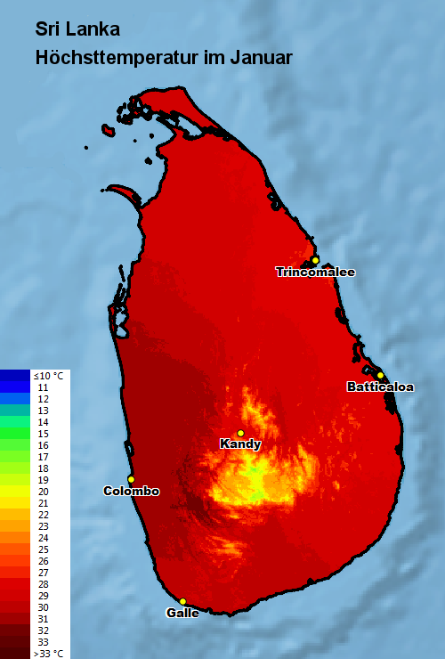 Sri Lanka Höchsttstemperatur Januar
