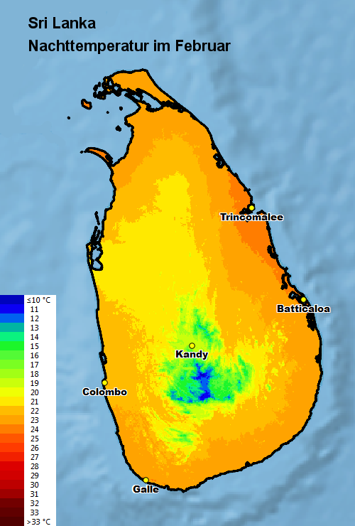 Sri Lanka Nachttemperatur Februar