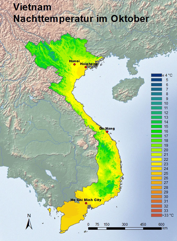 Vietnam Nachttemperatur im Oktober